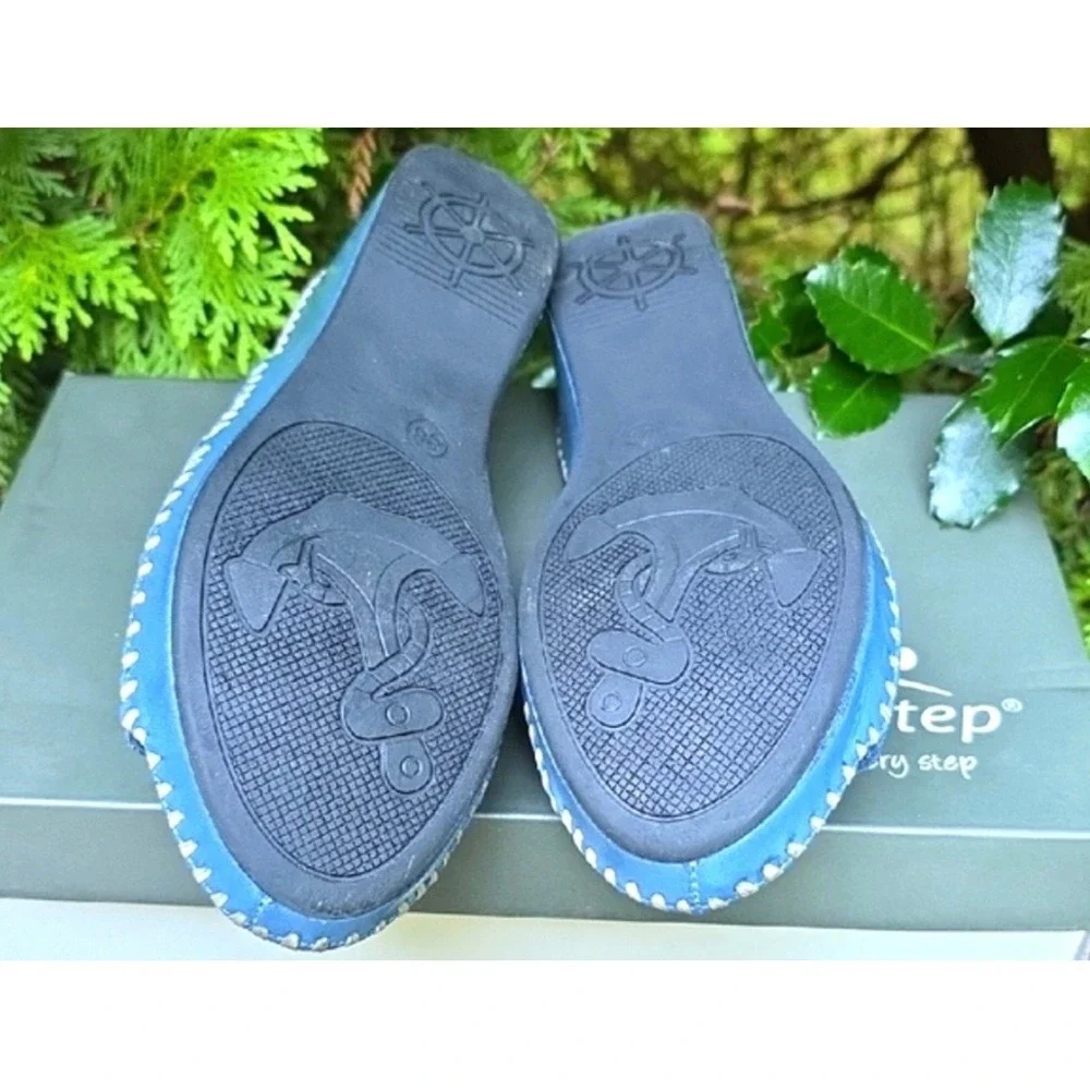 Spring Step Khyahey Blue Leather Laser Cut Wedge Sandals Mules Women 36 US 5.5-6